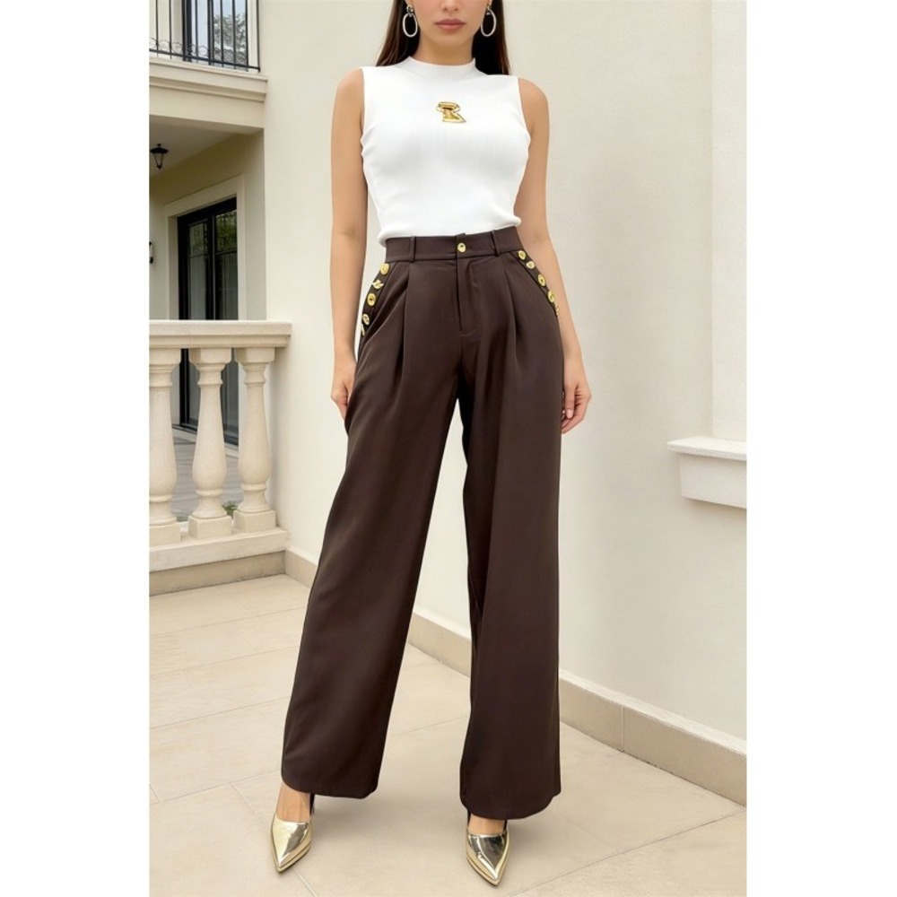 La'ros Brown Wide Leg Trousers Gold Novelty Button High Waist Pleated Pants